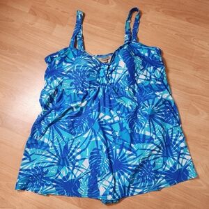 NWT Avenue Blue Tenerife Palm Flared Print Swim Dress Plus Size 30 5X